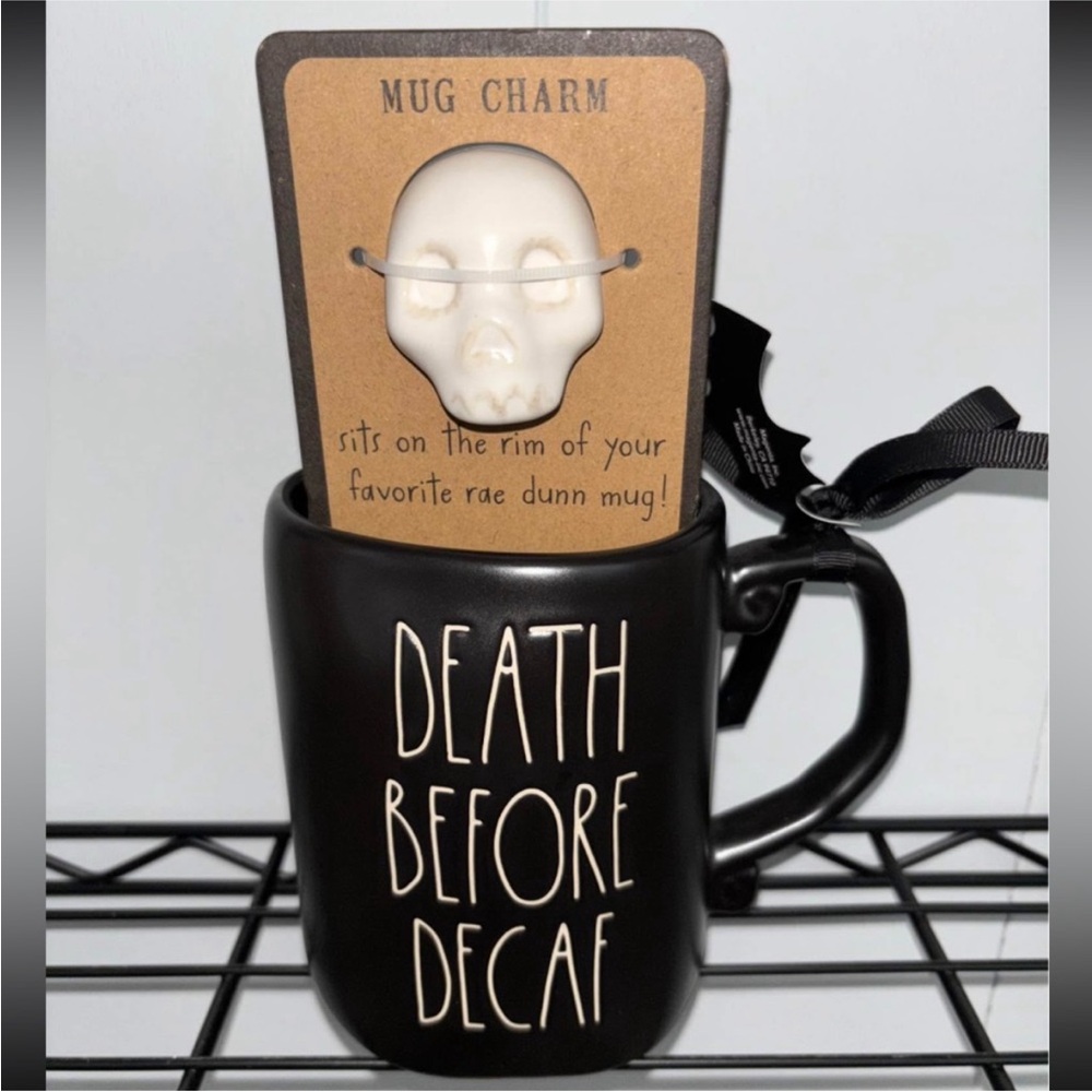 Rae Dunn Death before Decaf Mug with White Skull Accent